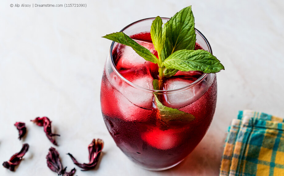 Cold Brew Hibiscus Tea with ice and Mint Leaves